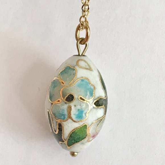 Vintage Cloisonne Flower Egg Oval Bead Necklace Aqua Pink Enamel Gold Plated 18" - Picture 4 of 11